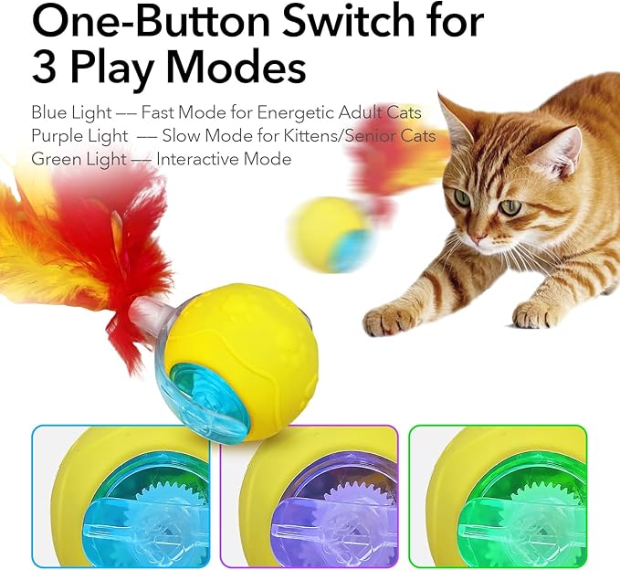 Automatic Cat Toy with Feather Tail – Interactive Moving Ball for Indoor Cats, Rechargeable Battery, Self-Play Boredom Buster for Kitten & Adult Cat, Yellow