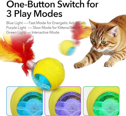 Automatic Cat Toy with Feather Tail – Interactive Moving Ball for Indoor Cats, Rechargeable Battery, Self-Play Boredom Buster for Kitten & Adult Cat, Yellow