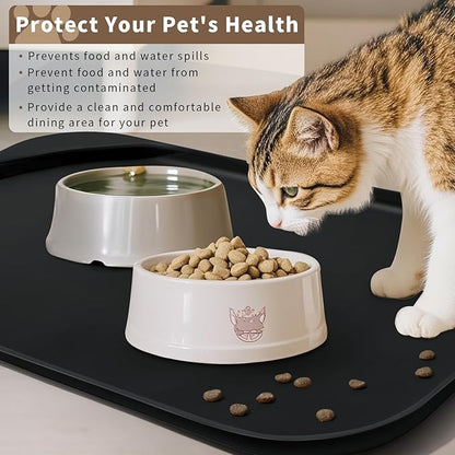Silicone Pet Food Mat with Raised Edge for Food and Water Bowl, Dog Feeding Mats, Cat Food Trays for Floor Waterproof, Rubber Tray for Dogs and Cats, 19 x 12 x 0.7 Black