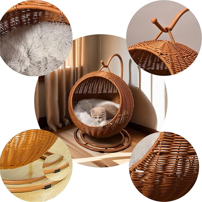Wicker Cat Swing Bed Pet Swing with Stand & Cushion & Hanging Ball for Indoor Outdoor Lightweight Hanging Pet Hammocks for Cat, Dogs, and Small Animals(Brown)
