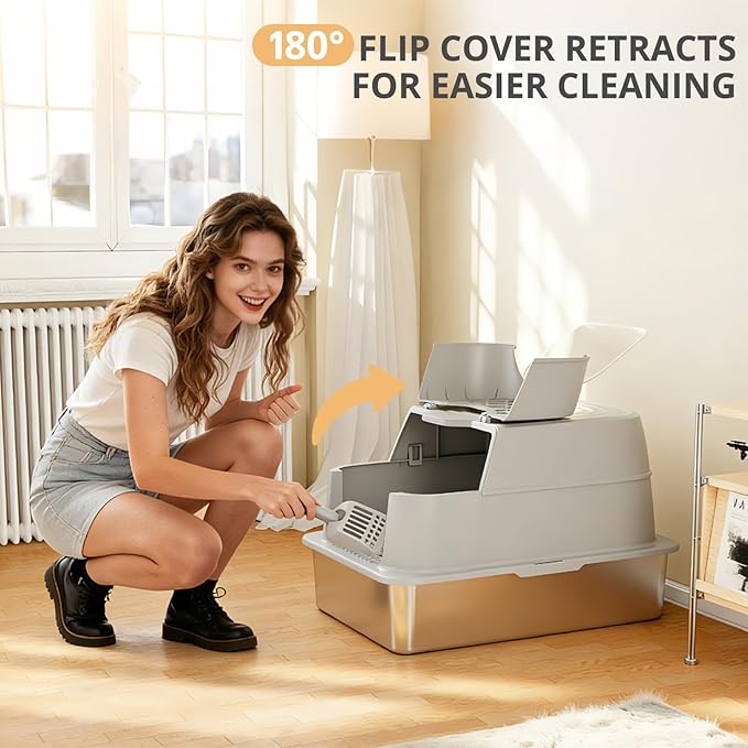 Stainless Steel Cat Litter Box with Lid, 180° Flip-Top XXXL Extra Large Enclosed Litter Box, 26" L x 18" W x 17" H Metal Litter Box with Hight Sides for Big Cats & Multiple Cats-Light Gray