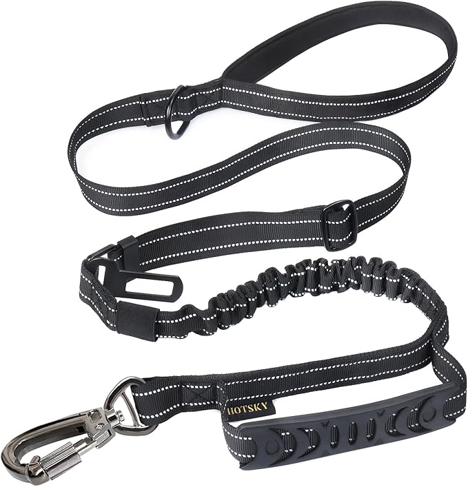 Hotsky Tactical Dog Leash Heavy Duty for Medium Large Dogs that Pull,4-6Ft Strong Bungee Shock Absorbing No Pull Dog Leash with Padded Double Handle and Car Seatbelt,Reflective Black