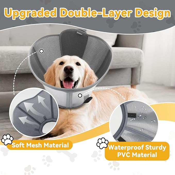 Upgraded Dog Cone Collar for Large Medium Dogs, Soft Dog Cone with Double-Layer Design, Adjustable Pet Recovery Collar for Dogs After Surgery, Elizabethan Collar (XXL, Grey)