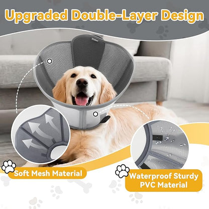 Upgraded Dog Cone Collar for Large Medium Dogs, Soft Dog Cone with Double-Layer Design, Adjustable Pet Recovery Collar for Dogs After Surgery, Elizabethan Collar (XXL, Grey)