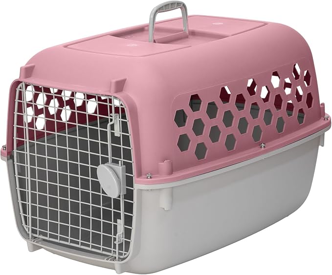 26" Plastic Portable Dog Kennel, Pink – Lightweight Travel Crate for Medium Dogs Cat, Durable & Ventilated, Indoor/Outdoor Use