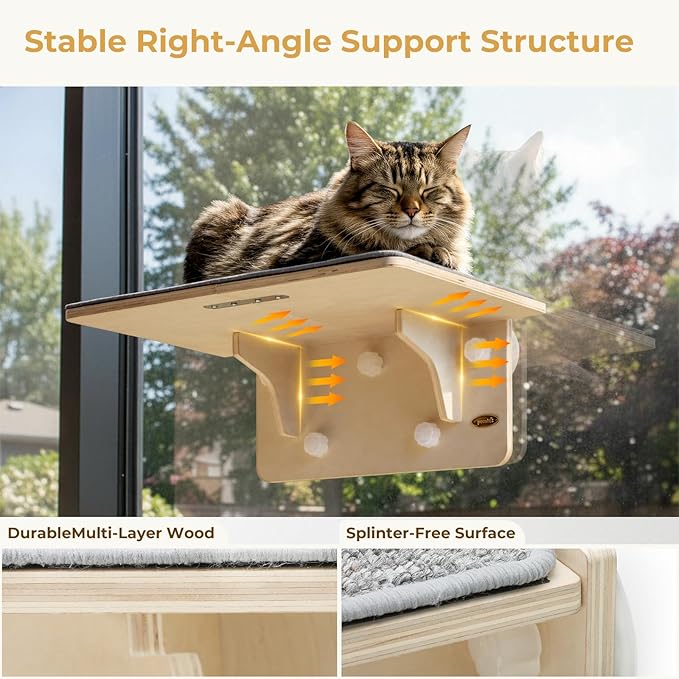 Pecute 2-in-1 Large Cat Window Perch & Wall Shelves, Cat Hammock Window with Solid Wood, Strong Suction Cup, Washable Cover Mat, Window seat Indoor, Cats Perch Bed for Birds Watching Inside, 21"x11"