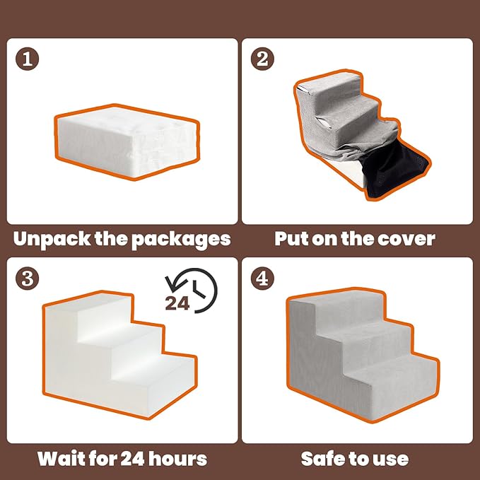 MEWANG Dog Stairs for Small & Medium Dogs and Old Cats –3/4/ 5 Steps High-Density Foam Pet Ramp for Bed & Couch, Non-Slip, Washable Cover, Grey (Square Corner, 3 Steps: 17.95''×14.96''×13.70'')