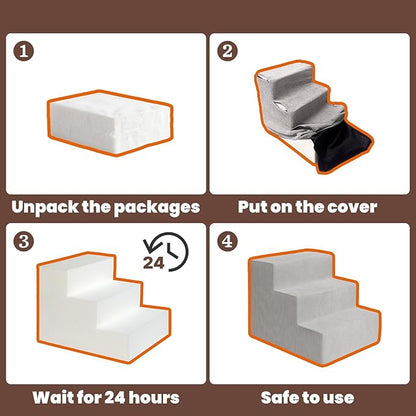 MEWANG Dog Stairs for Small & Medium Dogs and Old Cats –3/4/ 5 Steps High-Density Foam Pet Ramp for Bed & Couch, Non-Slip, Washable Cover, Grey (Square Corner, 3 Steps: 17.95''×14.96''×13.70'')