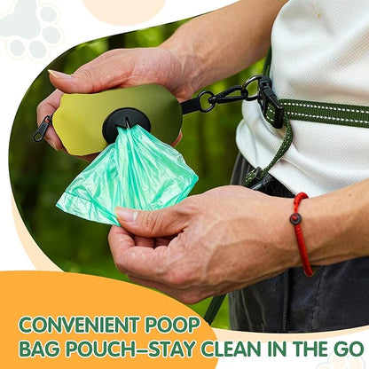 Kazazoo Hands-Free Dog Leash with Poop Bag Holder, Adjustable 4-7 Ft Waist for Dog Walking, Running for Small & Medium Dogs with Reflective Strips, Nylon Waist Belt, Green