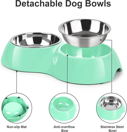 Stainless Steel Dog Bowls Set – Dual Non-Slip Pet Dishes with 2 Small (4oz*2) Bowls & Durable Resin Stand,Food & Water Feeder for Puppies, Kittens, and Small Breed Dogs - Green