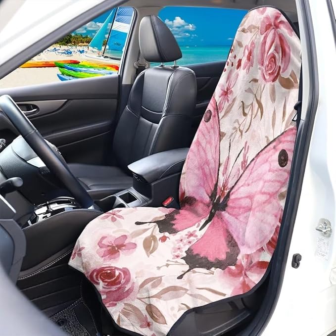 Coldinair Pink Butterfly Car Seat Cover Protector Front Seats Only,Floral Universal Waterproof Towel Seat Covers for Trucks,Auto Seat Cover Protectors for Workout,Beach,Swimming