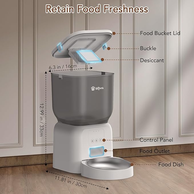 Remote Controlled Automatic Dog & Cat Feeder, APP Controlled,with Freshness Preservation, Timed Cat Feeder with Stainless Steel Bowl. 4L Capacity Up to 6 Meals Per Day and 1-15 Portion for Pets（White）