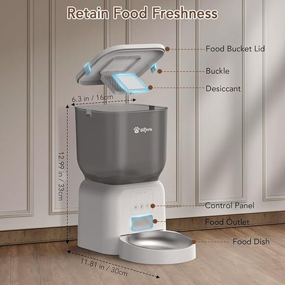 Remote Controlled Automatic Dog & Cat Feeder, APP Controlled,with Freshness Preservation, Timed Cat Feeder with Stainless Steel Bowl. 4L Capacity Up to 6 Meals Per Day and 1-15 Portion for Pets（White）
