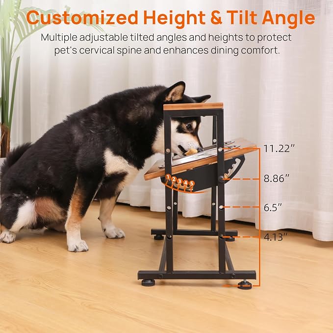 Adjustable Height Pet Feeder Stand with 2 Dishwasher-Safe Stainless Steel Bowls – Brown Wood Top & Black Metal Frame Elevated Food/Water Station for Dogs/Cats Under 100LBS