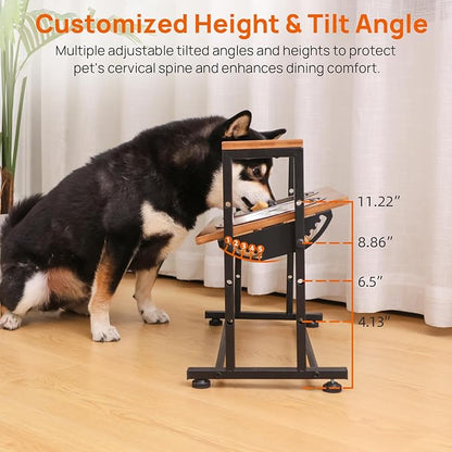 Adjustable Height Pet Feeder Stand with 2 Dishwasher-Safe Stainless Steel Bowls – Brown Wood Top & Black Metal Frame Elevated Food/Water Station for Dogs/Cats Under 100LBS