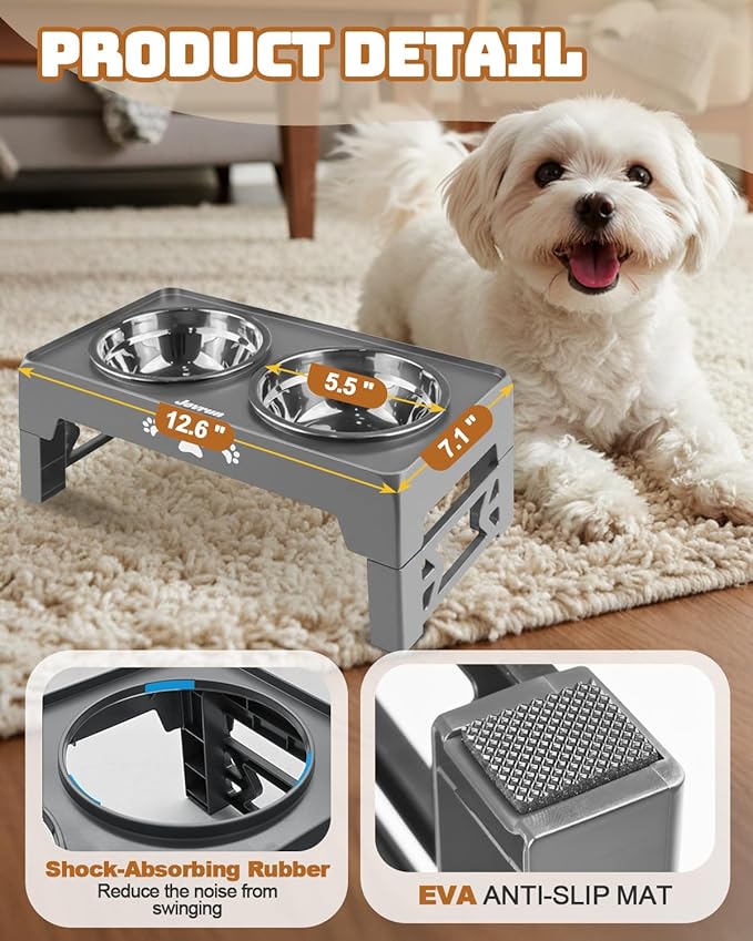 Elevated Dog Bowls for Small Dogs and Cats, Non-Slip Cat Bowls with 2 Thick 5.5" Stainless Steel Dishes, Dog Feeder 2 Heights Adjustable to 2.6"-5.3"