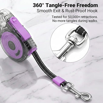 Retractable Dog Leash for Small Dogs, 10ft Retractable Leash for Puppies Up to 26 lbs, 360° Tangle-Free Heavy Duty Nylon Tape, One-Handed Brake Pause Lock, Reflective Strip for Safe Night Walking