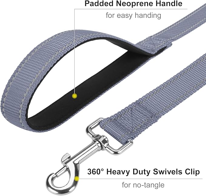 Reflective Dog Leash 6ft Soft Padded Handle Nylon Lead for Small & Medium Dogs, Durable Walking Training Leash for Night Safety (Gray,3/4Inch Wide)