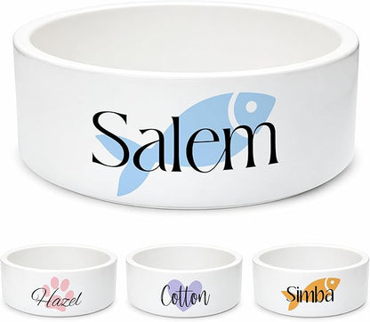 Custom Cat Bowl | Personalized Food & Water Dish with Name | Microwave & Dishwasher Safe Ceramic Pet Feeding Bowl for Kitty | Gift Idea for New Kitten Owners | White – Small