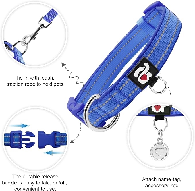 azuza Reflective Dog Collar, Soft Neoprene Padded Pet Collar with ID Tag Ring, Adjustable for Medium Dogs,Royal Blue,M