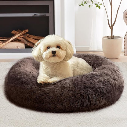 JOLLYVOGUE Calming Dog Bed Medium Size Dog, 31in Donut Washable Medium Pet Bed, Anti-Slip & Anti-Anxiety Fluffy Faux Fur Round Dogs Bed, Fits up to 45 lbs Pets (Chocolate)