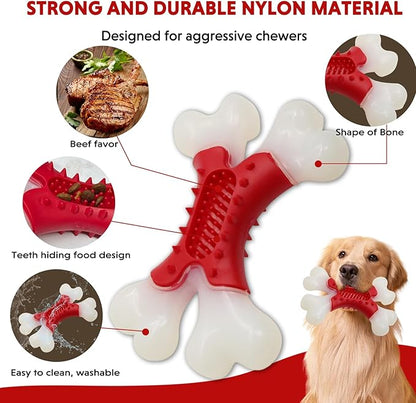 LaRoo Dog Toys for Aggressive Chewers Medium Dogs, Tough Dog Toys, Puppy Teething Chew Toys, Heavy Duty Indestructible Bones, Peanut Butter Slot for Snacks, Meat Flavor & Dental Care (Red)