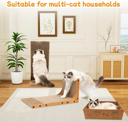 Cat Scratching Post, 3-in1 Scratching Board for Indoor Cats, 2PK 22in L-Shaped Cat Scratcher with 1PK Cardboard Box Scratch Pad, Cats Scratch Furniture Protector with Feathered Toy