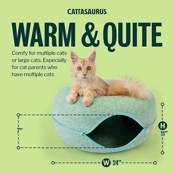 Cattasaurus Peekaboo Cat Cave Donut for Multiple & Large Cats up to 30-45 lbs, 3-in-1 Self Warming Cat Bed, Tunnel & Scratcher for Indoor Cats, Washable & Detachable Small Dog Bed (Sage Mist, Large)