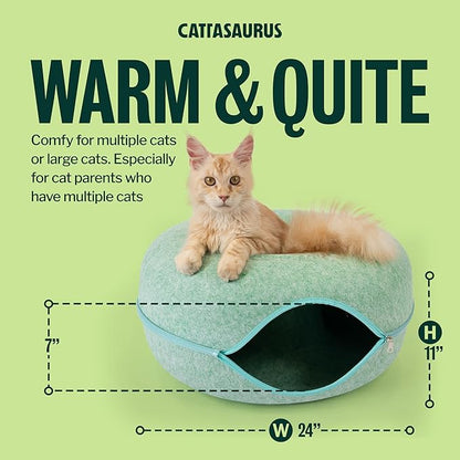 Cattasaurus Peekaboo Cat Cave Donut for Multiple & Large Cats up to 30-45 lbs, 3-in-1 Self Warming Cat Bed, Tunnel & Scratcher for Indoor Cats, Washable & Detachable Small Dog Bed (Sage Mist, Large)