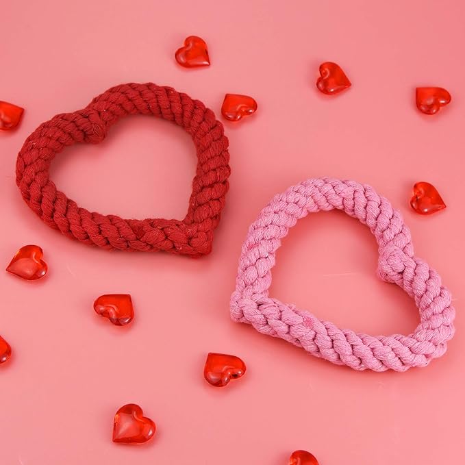 2 PCS Dog Chew Toys Heart Shaped Rope for Valentine's Day Pets Cotton Chewing Supplies Pink & Red 5.5Inch