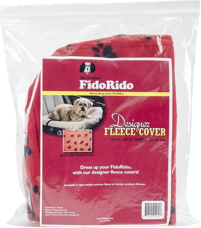 FidoRido Dog Car Seat Cover Machine Washable Replacement Fleece Cover, Comfortable & Durable, for Cars & SUVs, Seat Protector for Dogs, Vacation and Travel Essential, Red with Black Paw Prints