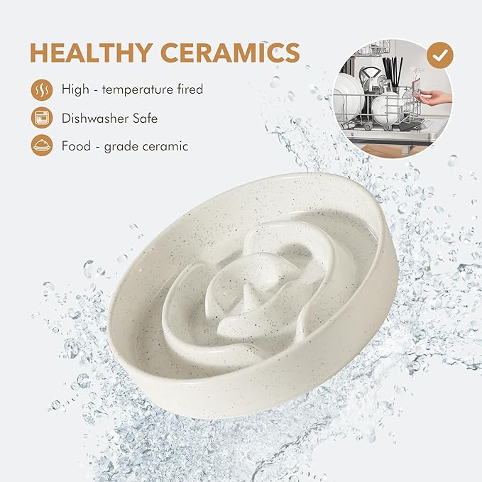Ceramic 1.2 Cup Raised Slow Feeder Dog Bowl Set, Elevated 6.1inch Bowl and 7.3inch Dish with Acacia Wood Stand for Small and Medium Dogs(2 x Vanilla White+ Stand)
