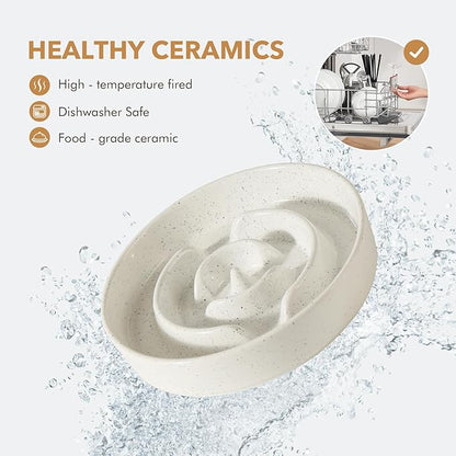Ceramic 1.2 Cup Raised Slow Feeder Dog Bowl Set, Elevated 6.1inch Bowl and 7.3inch Dish with Acacia Wood Stand for Small and Medium Dogs(2 x Vanilla White+ Stand)
