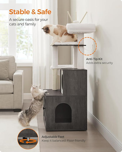 Feandrea Cat Tree with Litter Box Enclosure, 59-Inch Modern Cat Tower, 2-in-1 Condo with Scratching Posts, Washable Removable Cushion, Misty Gray UPCT113G02