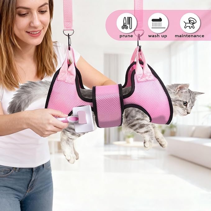 Dog Grooming Hammock, Cat/Small Dog Hammock for Nail Trim, Hanging Harness for Claw Care,Grooming Sling Holder Hanger with Thick Fabric Neck Support Wide Strap Restraint(Pink,xs)