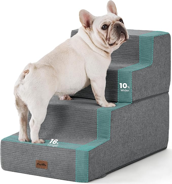Made4Pets Dog Steps for Bed, Extra Wide Dog Stairs for High Bed Couch Sofa, 35D Foam Pet Steps for Small Dogs and Cats(Up to 40lbs), Non-Slip Bottom Pet Stairs, Grey, 4 Steps