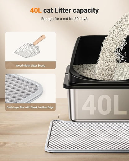 Stainless Steel Cat Litter Box with Scoop, Metal Litter Box High Sided, Cat Litter Box Enclosure, XL Extra Large High-Sided Litter Boxs (Anti-Urine Leakage, Include Scoop) (Black)
