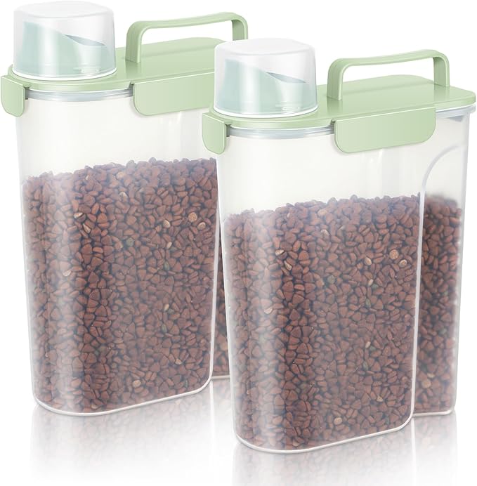 5-7Lbs Dog Cat Food Storage Container with Upgraded Large Nozzle BPA-free, 4 Snap Seals Plastic Pet Food Storage Containers with Handles (light Green x 2, 5L-2pack)