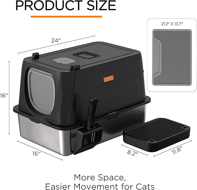 Anywish Stainless Steel Cat Litter Box with Lid, XL Extra Large Enclosed Removable Metal Litter Box with Litter Scoop&Double Layer Litter Mat, Non-Sticky, Non-Odor, Easy Cleaning, for Big Cats, Black