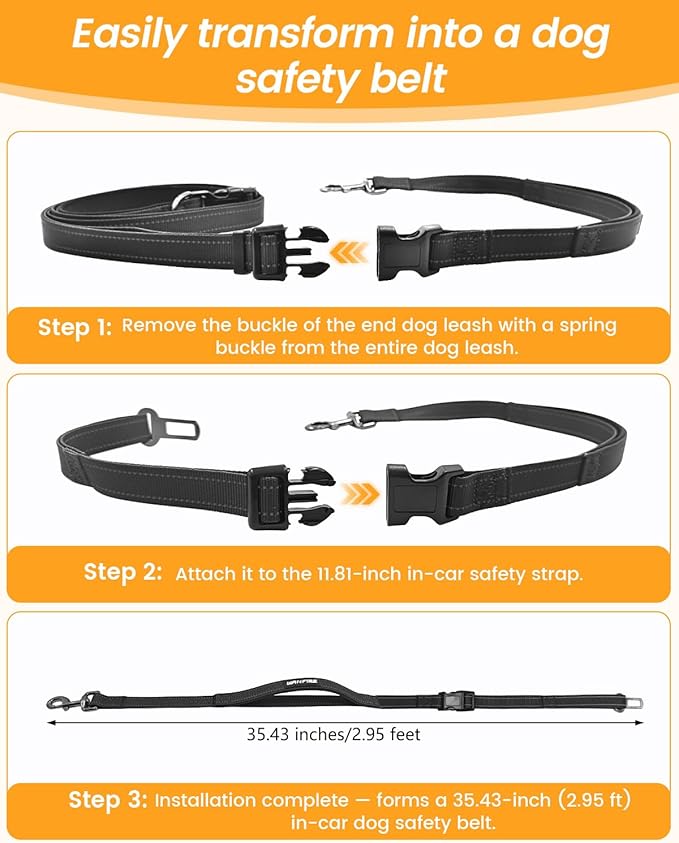 Hands Free Dog Leash, 2-in-1 Detachable Pet Seatbelt,5.9-9.2 ft Crossbody Dog Leash with Double-Sided Reflective for Walking, Hiking, Travel etc (Black)