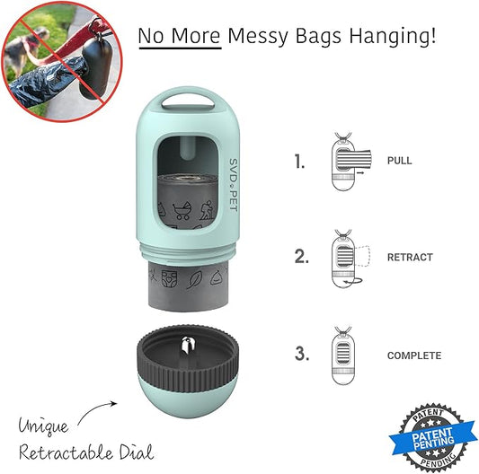 SVD.PET Dog Poop Bag Dispenser, Retractable Waste Bag Fits Any Dog Leash, Leak-proof Waste Bags, Poop Bag Holder, Doggy Walking Accessory (Misty Jade)