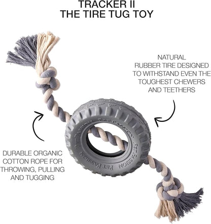 Natural Rubber Tire and Organic Cotton Rope Pull and Chew Dog Toy for All Pet Breeds, Gray, Large