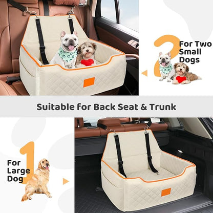 XIEEAOZEE Dog Car Seat for Large/Medium Dog, Booster Seat Under 55Lbs or 2 Small Dogs, Detachable and Washable Travel Pet Seat with Thick Cushion and Storage Pockets (Beige)