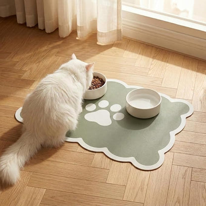 Absorbent Pet Food Mat, Scalloped Edge Dog Cat Bowl Mat with Rubber Backing, Quick-Dry Leather Feeding Mat for Messy Drinkers, 16" x 24", Sage Green