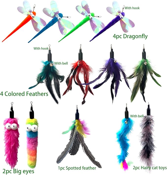 AcceLeah Cat Worm Toy Refills Cats Teaser Toys Wand Replacement Cat Wand Attachments 13Pcs Cat Worms and Dragonfly Refill,Cat Wand Toy Assorted Teaser Refills with Bell (13Pcs)