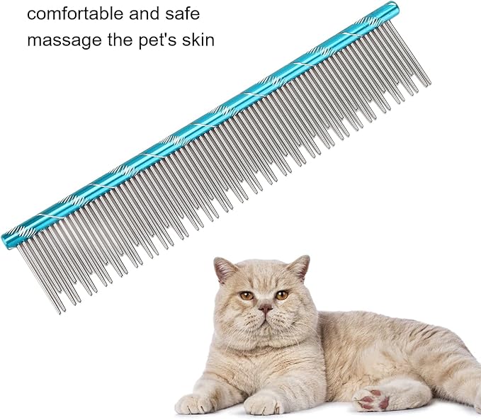 Zerodis Pet Hair Removal Comb, Reusable Stainless Steel, Blue, Cat Grooming, Thick Hair, 16 x 3.3cm/6.3 x 1.3in