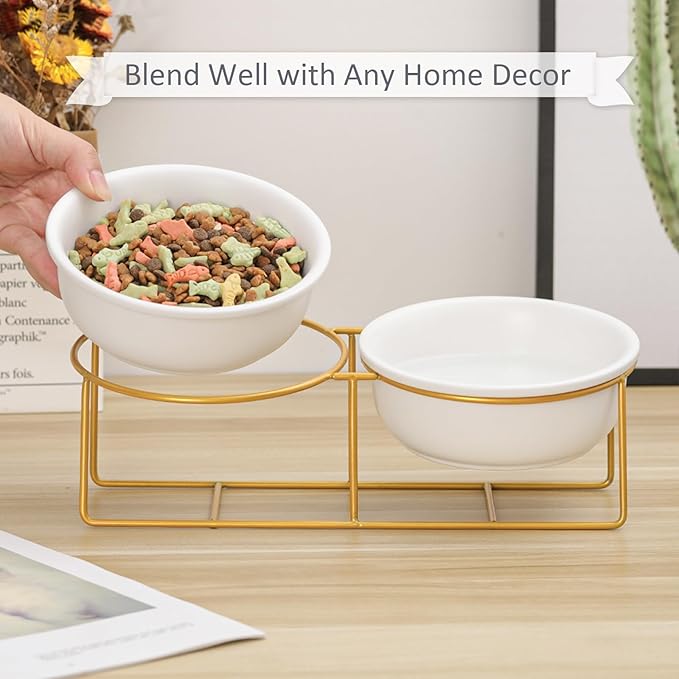 Elevated Dog Bowls for Small Dogs - 2 Ceramic Bowls with Gold Iron Stand - Raised Pet Dish Set for Food and Water - Comfortable Feeding