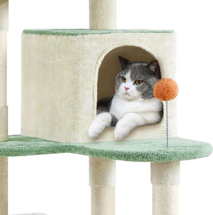 Yaheetech 65in Cat Tree, Cat Tower with Heart-Shaped Platform, Hanging Ball, Double Condos, Scratching Posts for Indoor Cats, Cat Climbing Frame Bed Furniture, Beige & Green & Orange