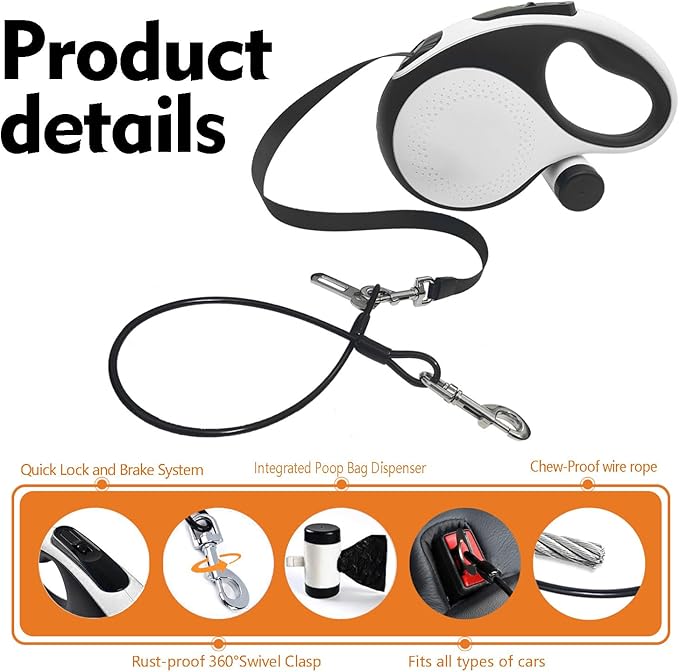 26Ft Retractable Dog Leash with Chew Proof Cable,Heavy Duty Dog Leash with Removable Poop Bags for Medium Large Dogs up to 110lbs,Strong Nylon Tape No Tangle,One-Handed Brake (White)