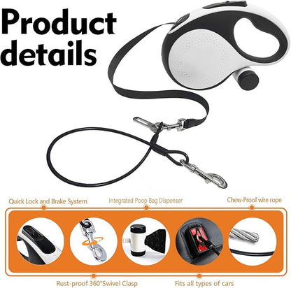 26Ft Retractable Dog Leash with Chew Proof Cable,Heavy Duty Dog Leash with Removable Poop Bags for Medium Large Dogs up to 110lbs,Strong Nylon Tape No Tangle,One-Handed Brake (White)